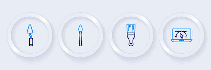 Set line Computer with design program, Paint brush, and Palette knife icon. Vector