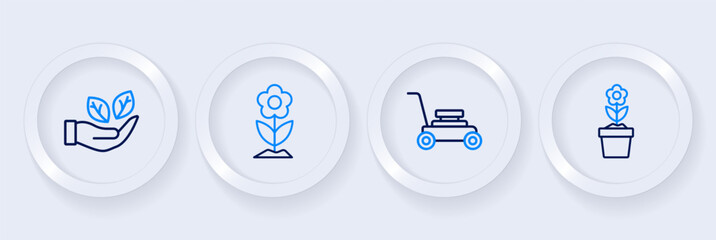 Set line Flower in pot, Lawn mower, and Leaf hand icon. Vector