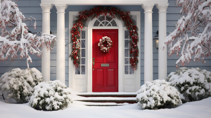 red door of a beautiful house in winter with lots of snow - obrazy, fototapety, plakaty