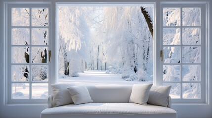 cozy couch in front of a large window in winter with lots of snow