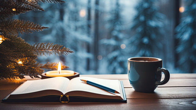 A cup of coffee and a diary on a wooden background in winter