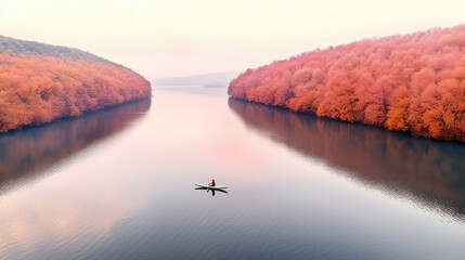 Person rowing on a calm lake in autumn, aerial view only small boat visible with serene water...