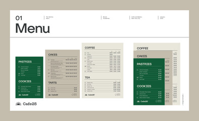 Restaurant menu template. Brand identity guideline template to create visual identity of cafe, coffee shop