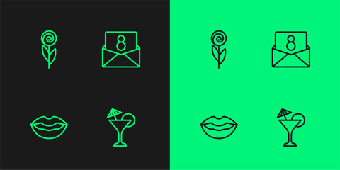 Set line Martini glass, Smiling lips, Flower and Envelope with 8 March icon. Vector