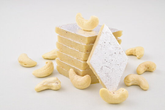 Kaju katli sweet on white background with cashew