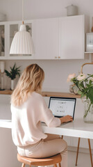 In her beautifully designed white modern home, a blonde woman achieves work-life harmony, immersed in her laptop tasks with serenity and style
