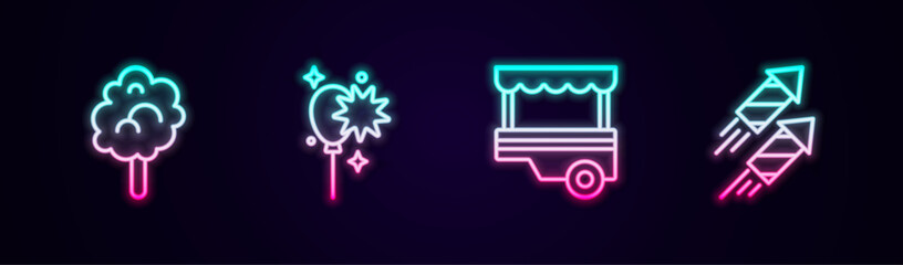 Set line Cotton candy, Balloons with ribbon, Fast street food cart and Firework rocket. Glowing neon icon. Vector