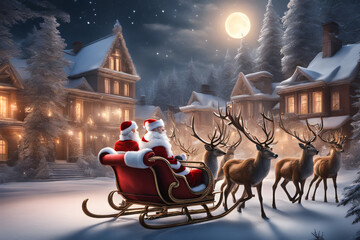 Santa Claus racing on a sleigh with reindeer. Generative AI  - obrazy, fototapety, plakaty