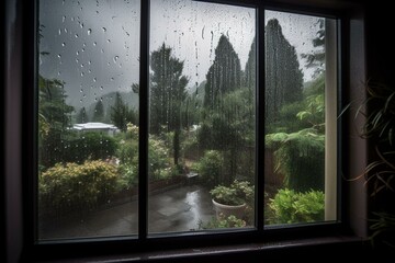 Indoor rain view through window. Generative AI