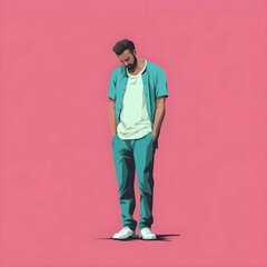 Fototapeta premium A depressed man standing with a clear background, pink and teal theme. Created with Generative AI Technology. 