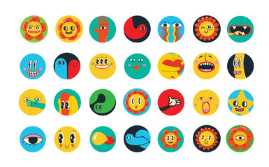 Trendy groovy round icons for social media stories. stickers set. Retro cartoon style with70s 60s aesthetics isolated elements. Vintage vector illustrations.
