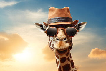 Giraffe with stylish hat and glasses on nature background