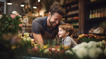 Fototapeta na wymiar Portrait of a man with a child choosing a bouquet in a flower store
