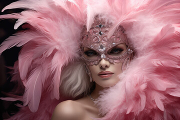 elegant feminine model in a pink feathered mask