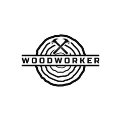 Woodworker logo design vintage retro style with hammer symbol