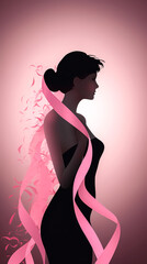 Woman face in pink ribbon, generative AI.