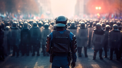 Rearward view of squad anti riot overseeing a turbulent protest. Generative AI