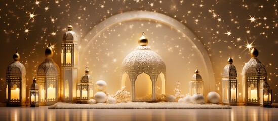 Golden and white ornamented Islamic background with elegant lanterns - obrazy, fototapety, plakaty