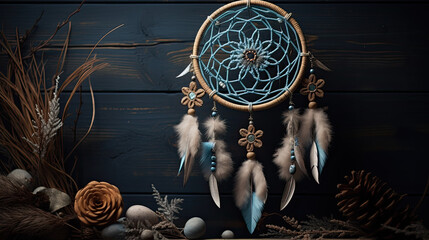 Dream catcher with feathers on wooden background