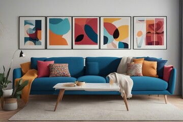 Blue sofa with colorful pillows against white wall with art posters frames Mid-century style home