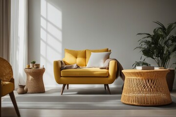 Interior design of living room with armchair and yellow plaid Rattan coffee table in room