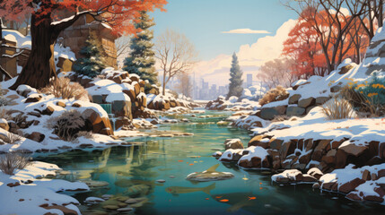Illustration of a river running through a snowy forest