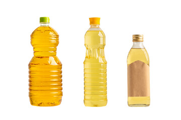 Vegetable oil with olive oil in different bottle for cooking isolated on white background.