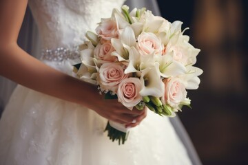 Generative AI bride in a white dress holds a beautiful wedding bouquet. Close-up view. Wedding decorations.