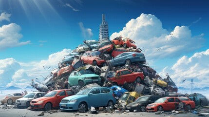 Collect cars and wait for the disposal of junk cars and other things that have piled up in piles. - obrazy, fototapety, plakaty