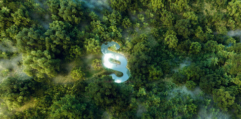 Concept underscoring environmental policies, laws, and regulations depicted by a lake in the shape of a paragraph symbol, nestled in a lush rainforest. 3d rendering.