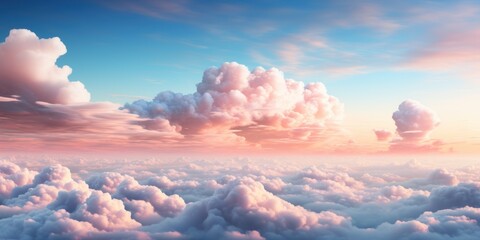 Photograph of soft pastel-colored clouds Blending perfectly with the warm sunset horizon. creating a tranquil sky background