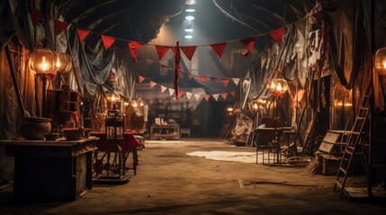 Vintage abandoned carnival with spooky look Halloween concept for creepy carnival organizers Circus-themed party - obrazy, fototapety, plakaty