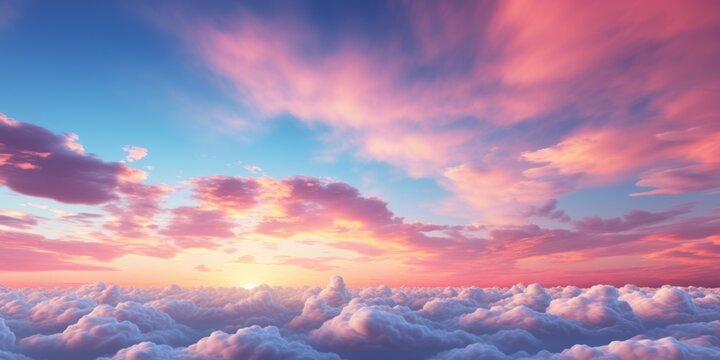 Photograph of soft pastel-colored clouds Blending perfectly with the warm sunset horizon. creating a tranquil sky background