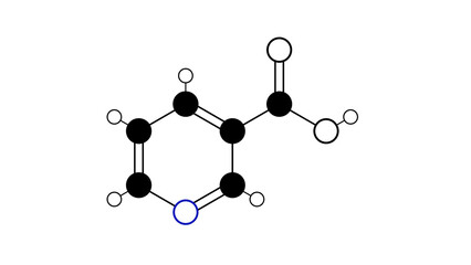 niacin molecule, structural chemical formula, ball-and-stick model, isolated image vitamer of vitamin b3