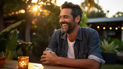 Smiling man sits at a table during an outdoor evening party in a home's backyard - obrazy, fototapety, plakaty