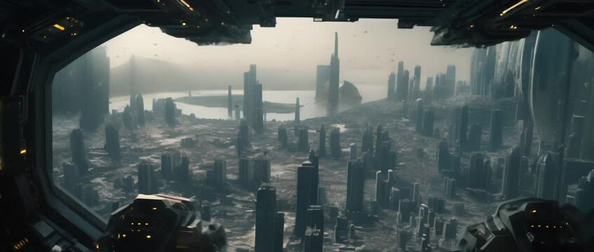 A futuristic view of city. The concept of the future. Anamorphic 4k footage