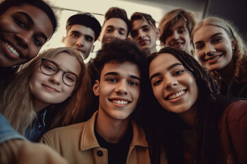 group of young high school students taking selfie together in high school. generated with AI.