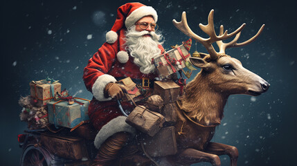 Hipster Santa Claus Reindeer with Christmas Presents