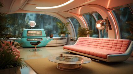 Living room of a retro living room with an orange couch