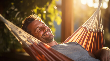 Relaxed man rests lying in a hammock