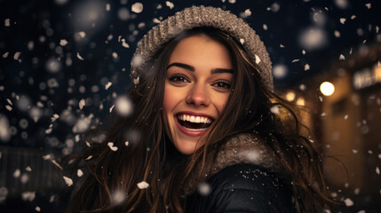 Happy woman smiles in the snowfall outside