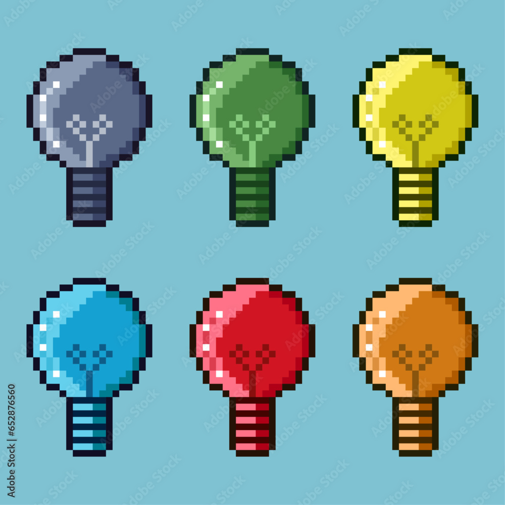 Poster pixel art sets of lightbulb with variation color item asset simple bits of lightbulb idea on pixelat