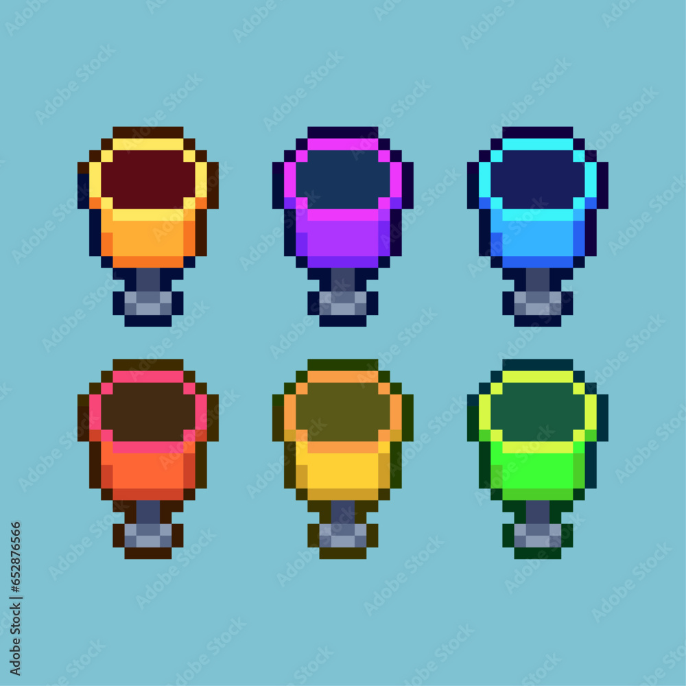 Poster pixel art sets of trash can with variation color item asset simple bits of trash can on pixelated st