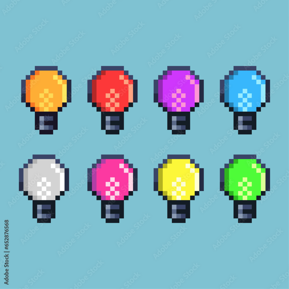 Poster pixel art sets of lightbulb with variation color item asset simple bits of lightbulb idea on pixelat