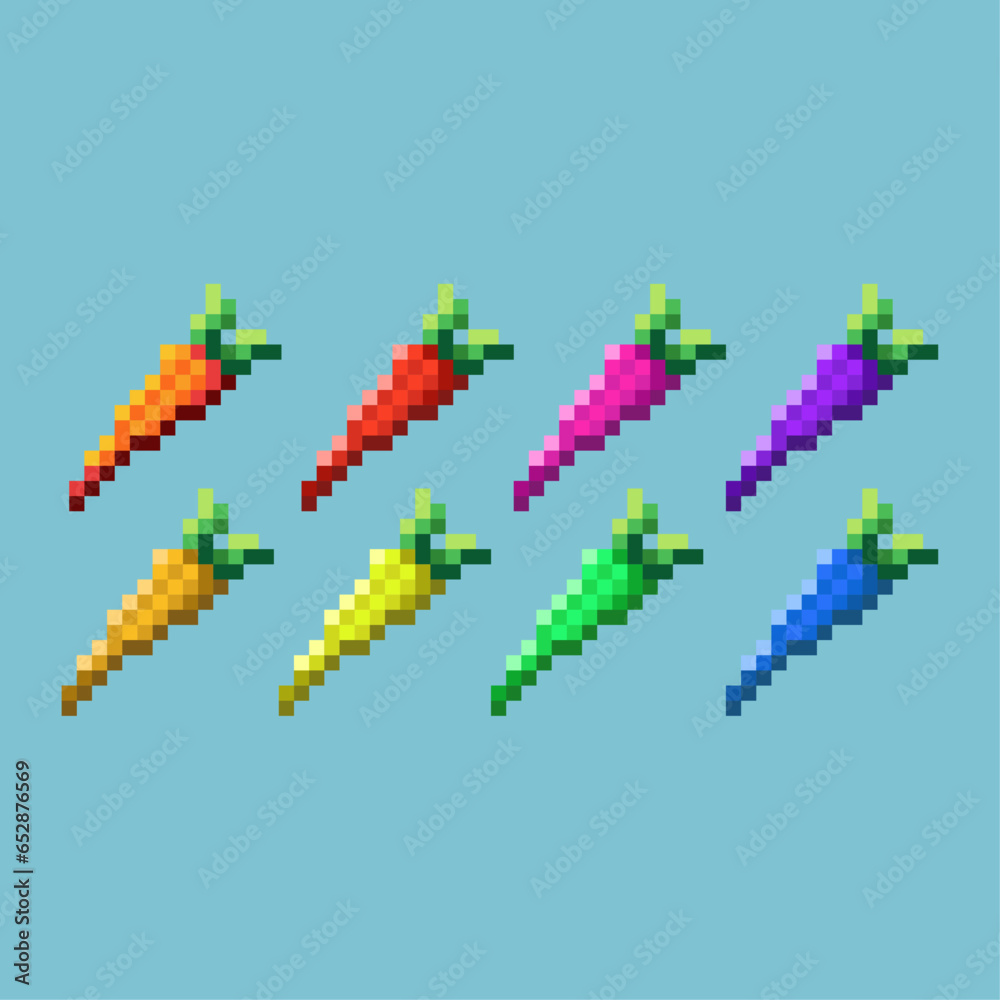 Poster pixel art sets of carrot with variation color item asset simple bits of carrot food on pixelated sty