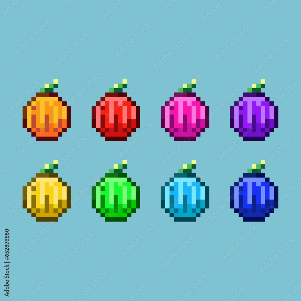 Poster pixel art sets of halloween pumkin with variation color item asset simple bits of pumkin on pixelate