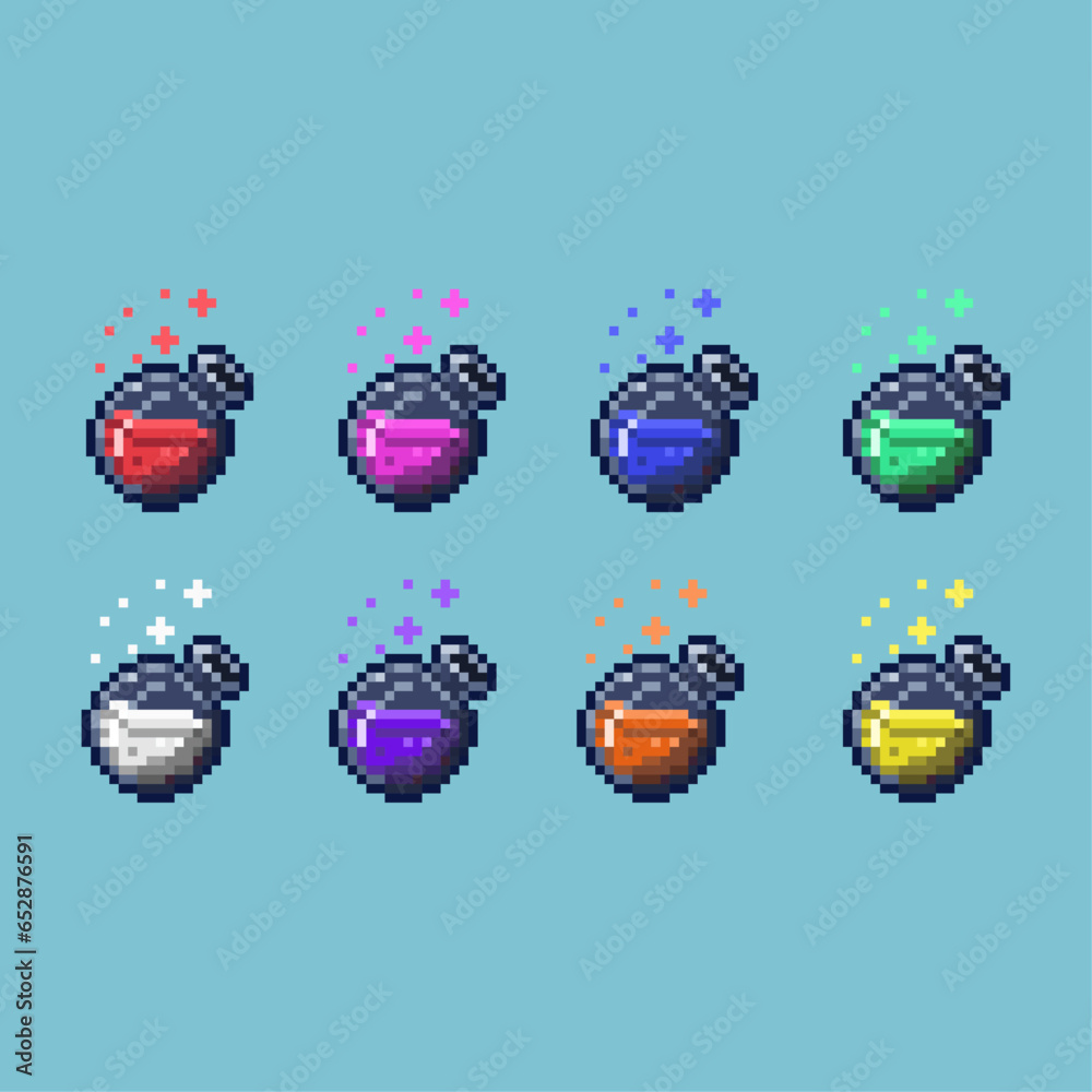 Poster pixel art sets of potion medicine with variation color item asset simple bits of health potion on pi