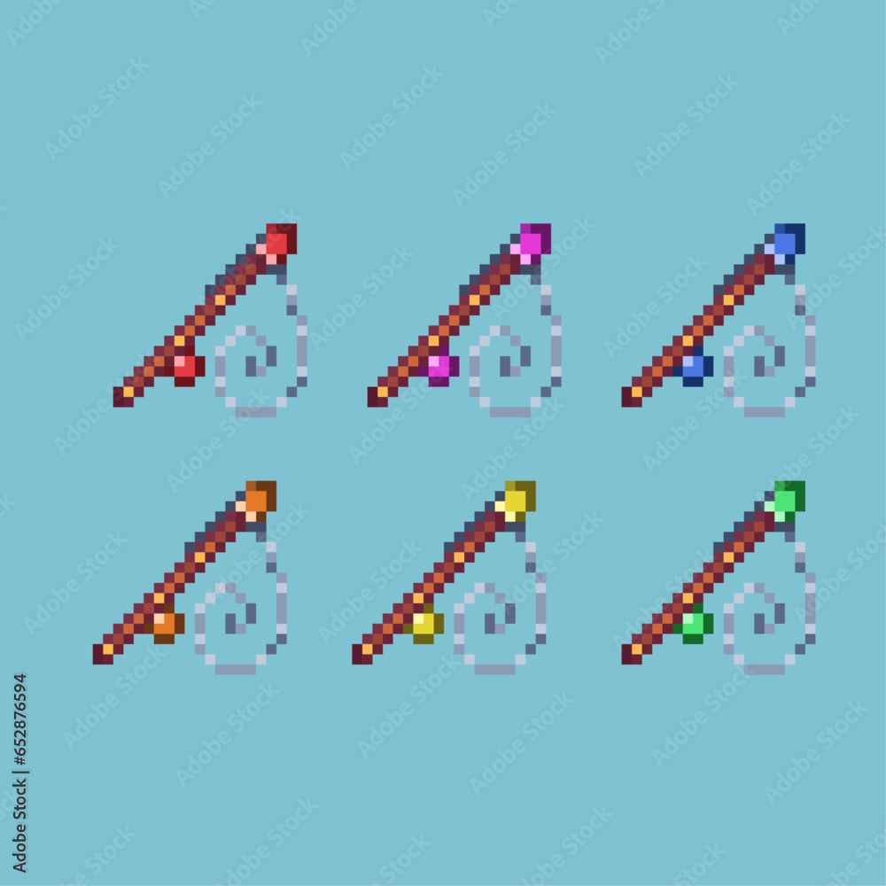Poster pixel art sets of fishing rod with variation color item asset simple bits of fishing rod tool on pix