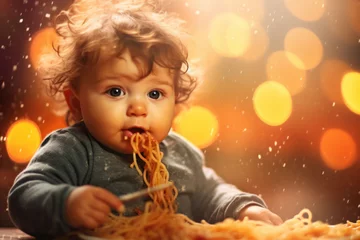 Poster Adorable baby eating spaghetti on  bokeh background © Anna