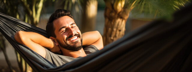 Relaxed man rests lying in a hammock